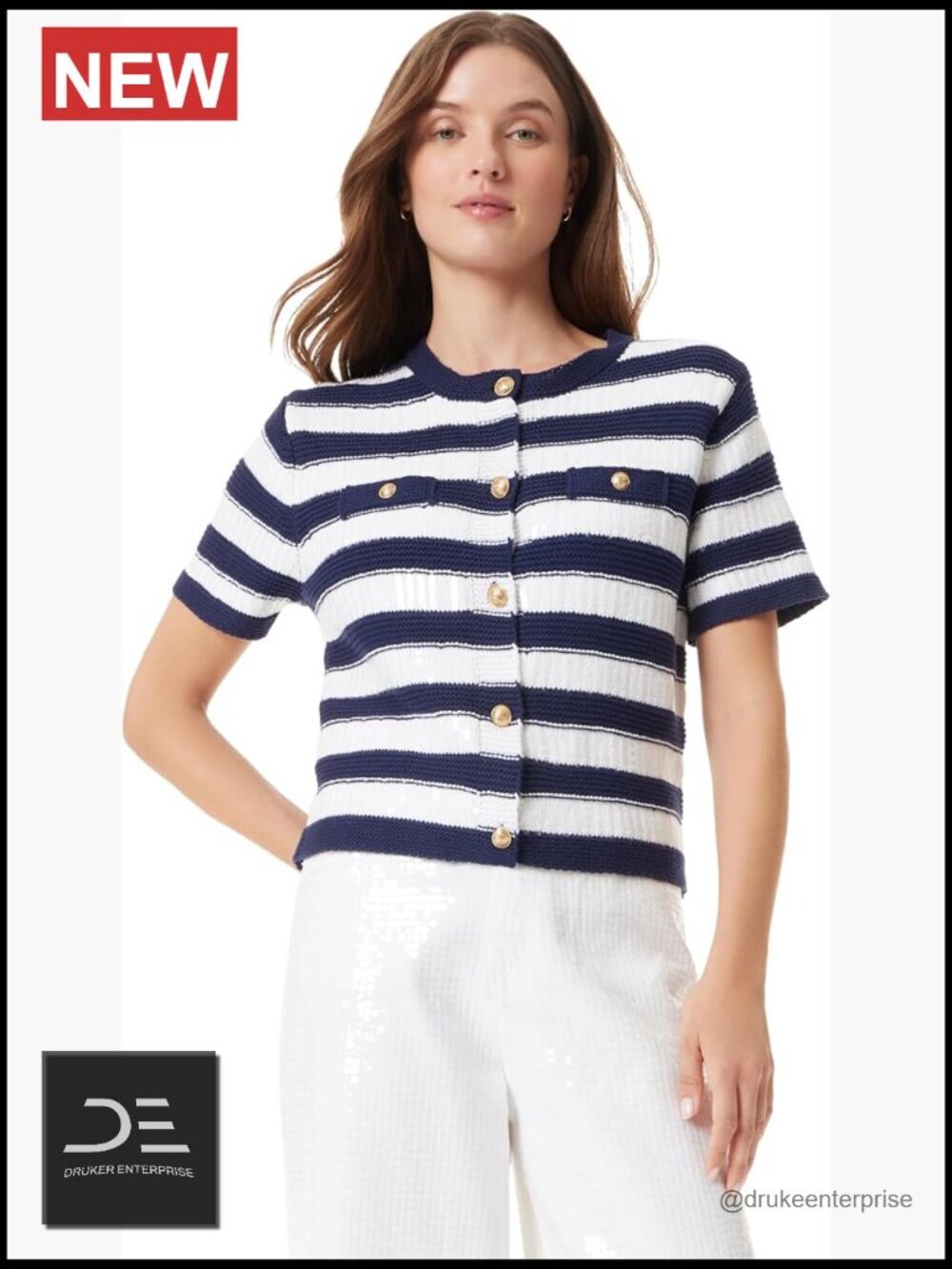 Short Sleeve Cardigan Sweater with Band Collar - Button Front